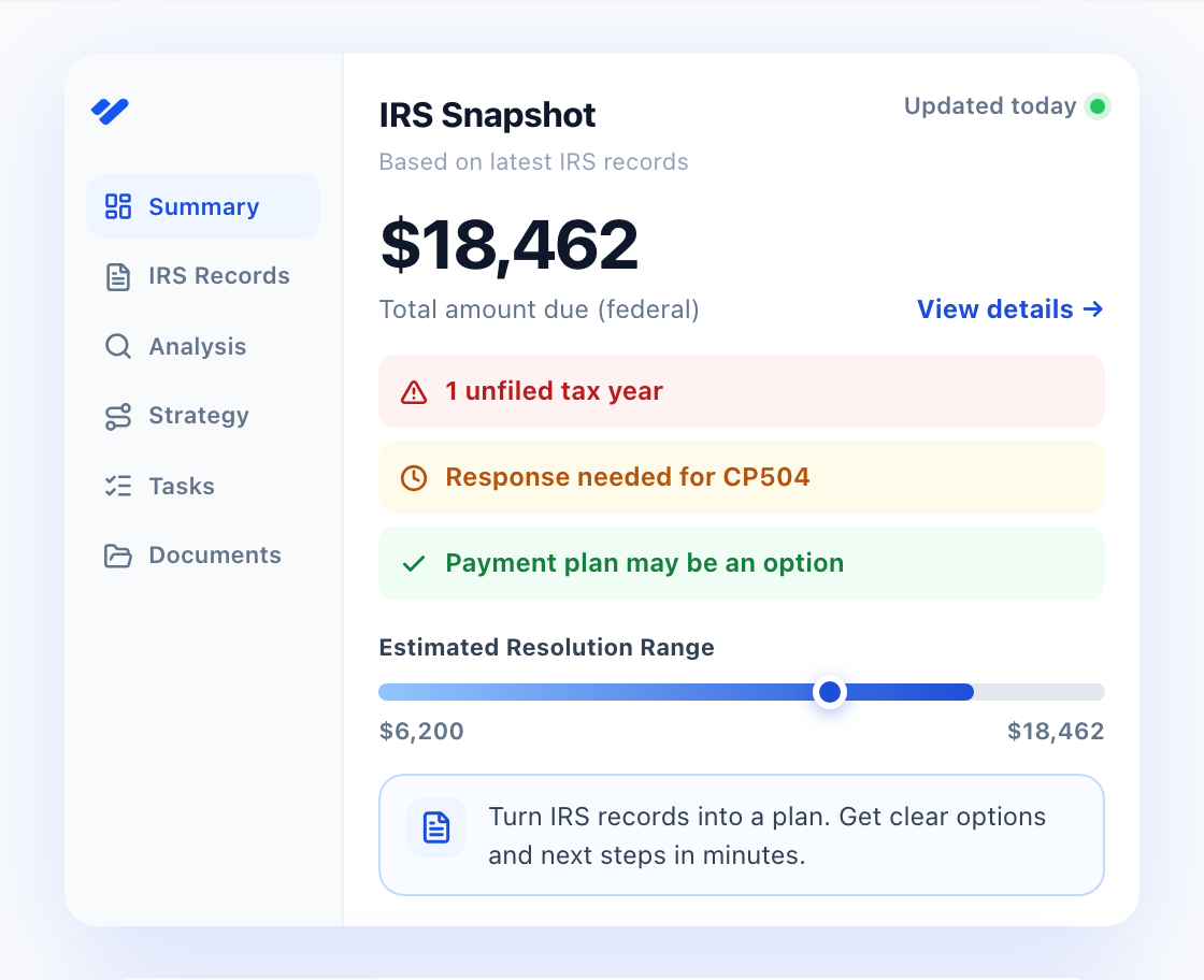 Example Brevitax IRS snapshot with an account balance, notices, and next-step options.