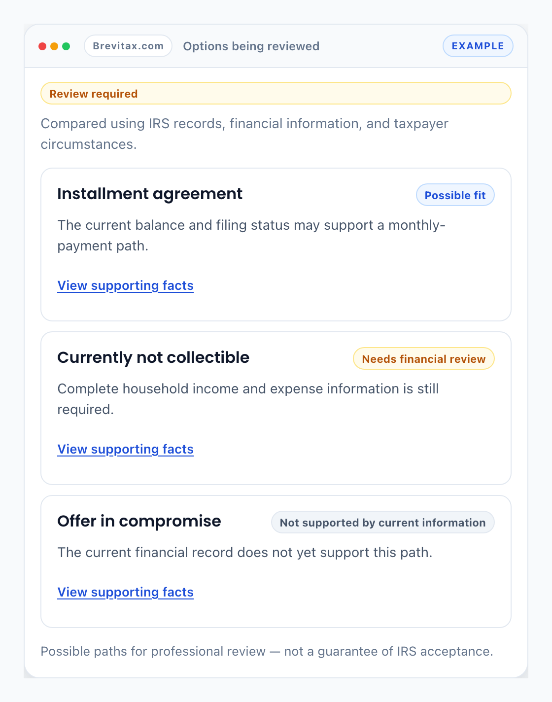 Example Brevitax comparison of possible IRS paths using IRS records, financial information, and taxpayer circumstances.