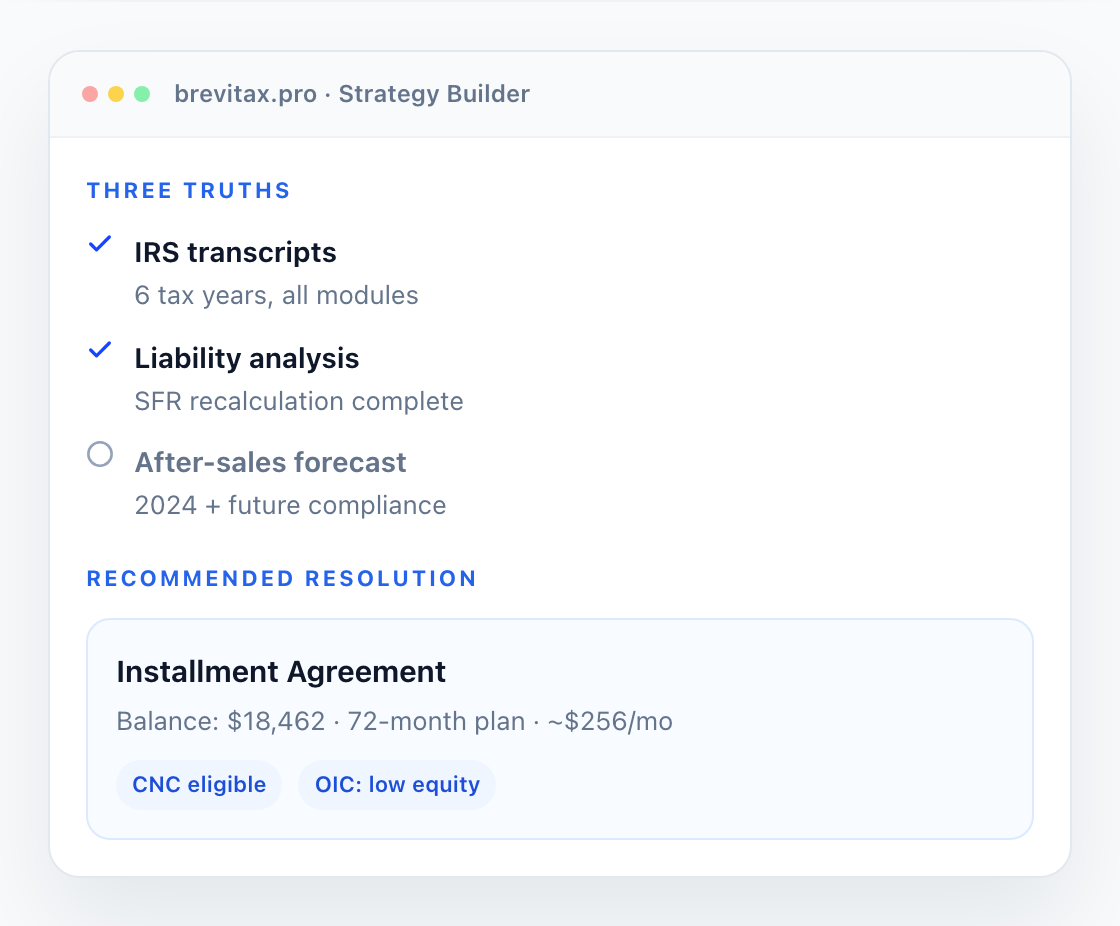 Example Brevitax Pro Strategy Builder showing three truths and a recommended installment agreement.