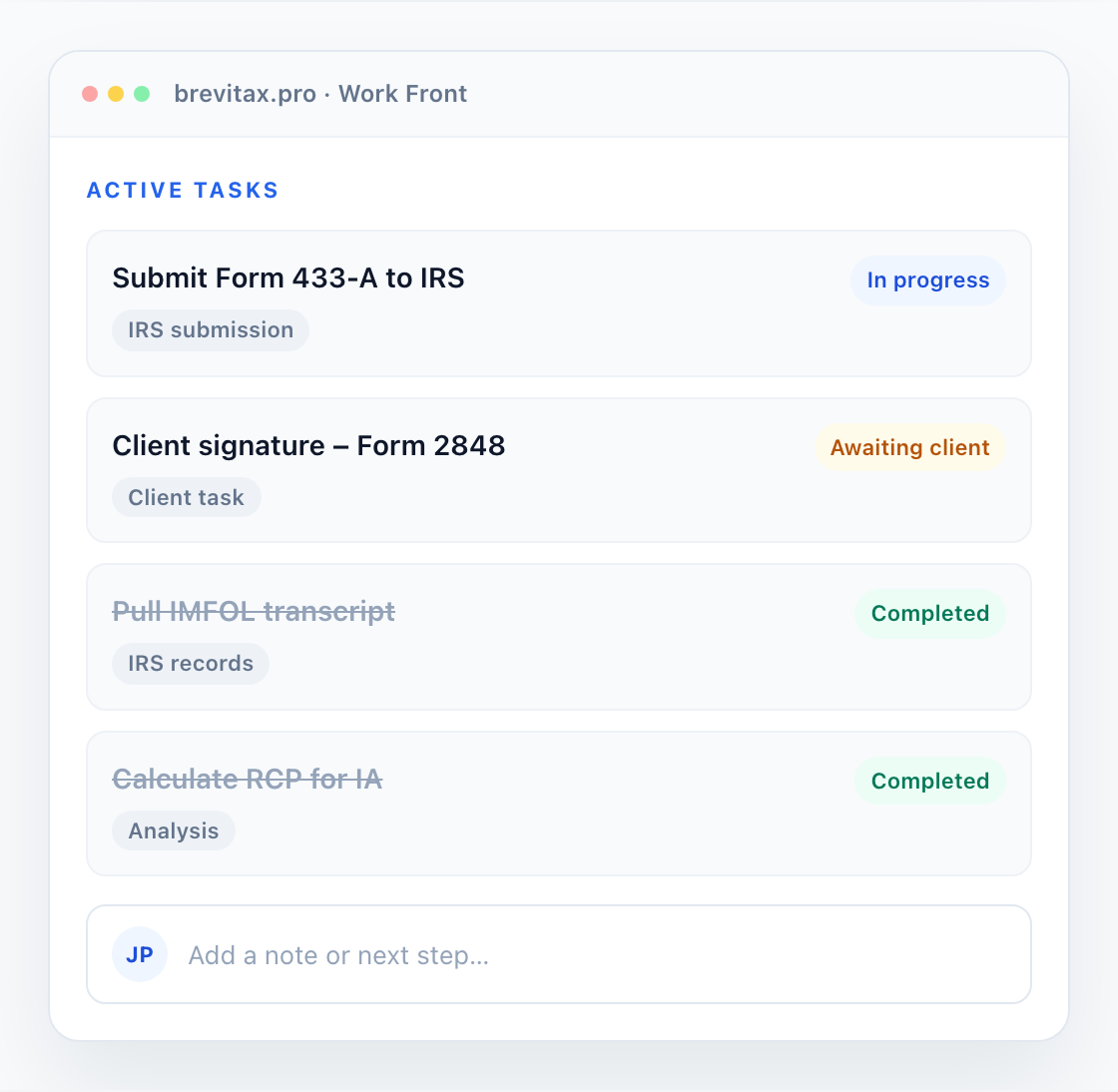 Example Brevitax Pro Work Front task list for IRS submissions, client signatures, and completed pulls.
