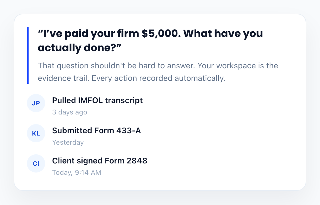 Example Brevitax Pro workspace activity trail with transcript pulls, submissions, and client signatures.