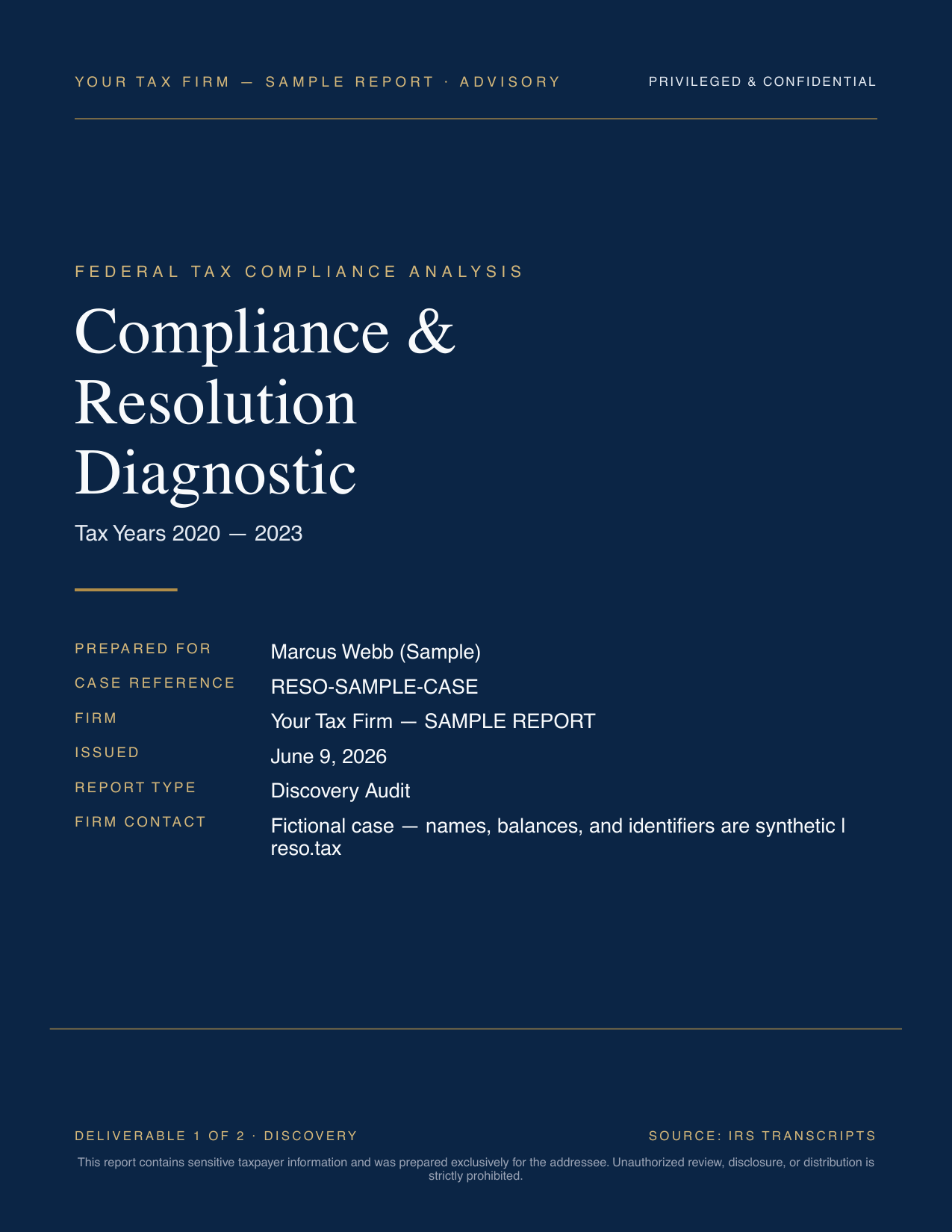 Cover page of the sample RESO Discovery report — Compliance & Resolution Diagnostic